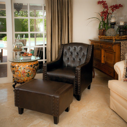 Coogee Bonded Leather Armchair & Ottoman in Brown.