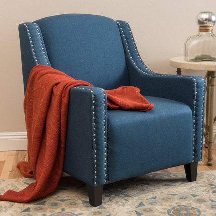 Camden Linen Fabric Studded Armchair in Dark Blue.