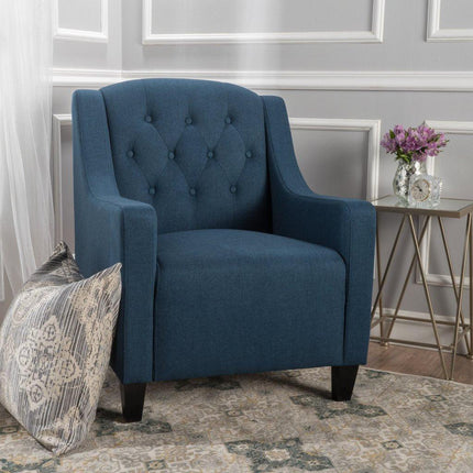 Canberra Linen Fabric Tufted Armchair in Dark Blue.