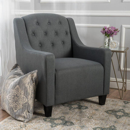 Canberra Linen Fabric Tufted Armchair in Dark Grey.