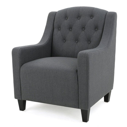 Canberra Linen Fabric Tufted Armchair in Dark Grey.