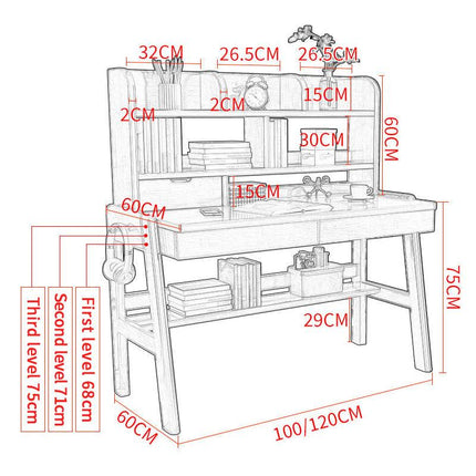 Ave Solid Wood Study Desk with Shelf and Drawers/Bookcase/Rubberwood/Pink.