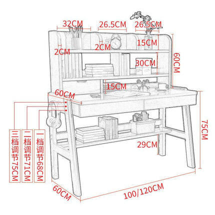 Ave Solid Wood Study Desk with Shelf and Drawers/Bookcase/Rubberwood.