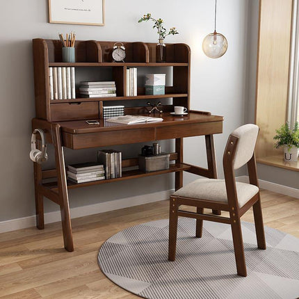 Ave Solid Wood Study Desk with Shelf and Drawers/Bookcase/Rubberwood/Walnut.
