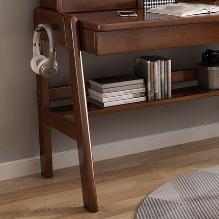 Ave Solid Wood Study Desk with Shelf and Drawers/Bookcase/Rubberwood/Walnut.