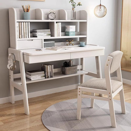 Ave Solid Wood Study Desk with Shelf and Drawers/Bookcase/Rubberwood/White.