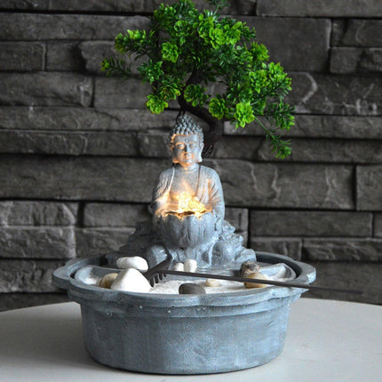 Samland JAPANESE MINIATURE ZEN BONSAI GARDEN WITH BUDDHA WATER FOUNTAIN.