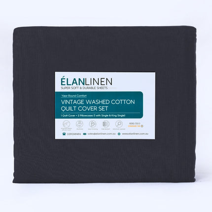 Elan Linen 100% Egyptian Cotton Vintage Washed 500TC Charcoal Queen Bed Sheets Set.