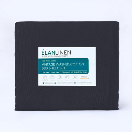 Elan Linen 100% Egyptian Cotton Vintage Washed 500TC Charcoal Queen Bed Sheets Set.