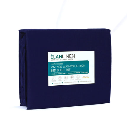 Elan Linen 100% Egyptian Cotton Vintage Washed 500TC Navy Blue Single Bed Sheets Set.