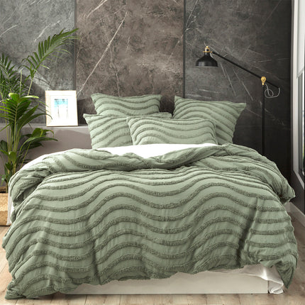 Chenille Wave 100% Cotton Vintage Washed Sage Tufted Quilt Cover Set by Cloud Linen King.