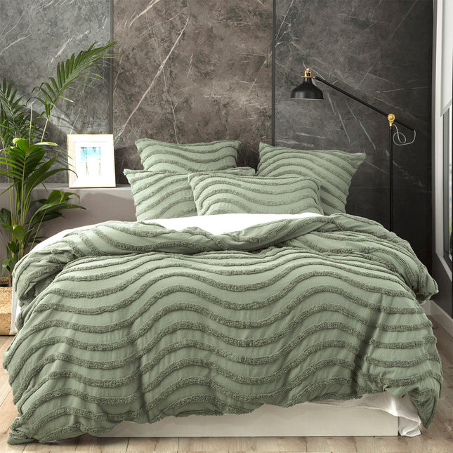 Chenille Wave 100% Cotton Vintage Washed Sage Tufted Quilt Cover Set by Cloud Linen King.