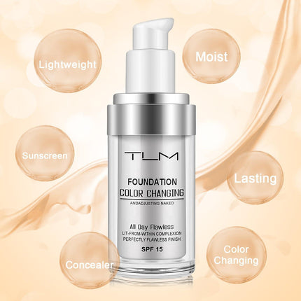 ReviGLam TLM Colour Changing Liquid Foundation Hides Wrinkles & Lines, BB Cream Makeup Base Concealer Cover Moisturizing Fluid for all Skin Tone SPF15, Pack of 1.