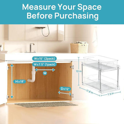 1 Pack Bathroom Organizer, 2 Tier Clear Under Sink Organizers Vanity Countertop Storage Container,Cabinet Drawers Bins, Pull-Out Organization with Track for Pantry, Kitchen.