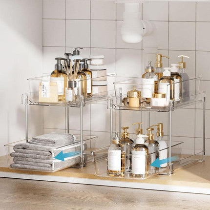 1 Pack Bathroom Organizer, 2 Tier Clear Under Sink Organizers Vanity Countertop Storage Container,Cabinet Drawers Bins, Pull-Out Organization with Track for Pantry, Kitchen.