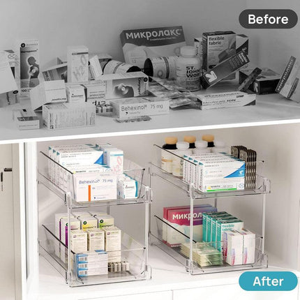 1 Pack Bathroom Organizer, 2 Tier Clear Under Sink Organizers Vanity Countertop Storage Container,Cabinet Drawers Bins, Pull-Out Organization with Track for Pantry, Kitchen.