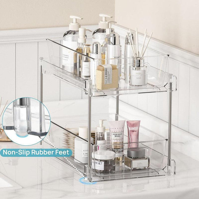 2 Pack Bathroom Organizer, 2 Tier Clear Under Sink Organizers Vanity Countertop Storage Container,Cabinet Drawers Bins, Pull-Out Organization with Track for Pantry, Kitchen.