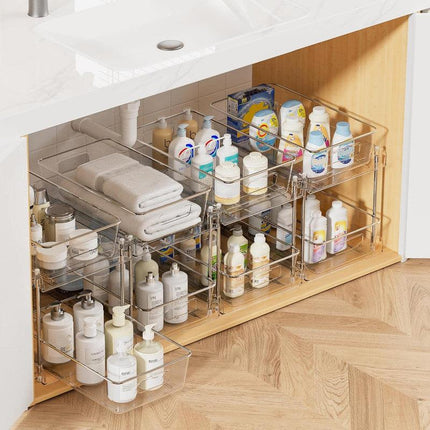 2 Pack Bathroom Organizer, 2 Tier Clear Under Sink Organizers Vanity Countertop Storage Container,Cabinet Drawers Bins, Pull-Out Organization with Track for Pantry, Kitchen.