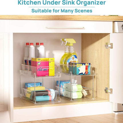 2 Pack Bathroom Organizer, 2 Tier Clear Under Sink Organizers Vanity Countertop Storage Container,Cabinet Drawers Bins, Pull-Out Organization with Track for Pantry, Kitchen.