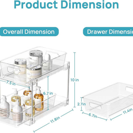 2 Pack Bathroom Organizer, 2 Tier Clear Under Sink Organizers Vanity Countertop Storage Container,Cabinet Drawers Bins, Pull-Out Organization with Track for Pantry, Kitchen.