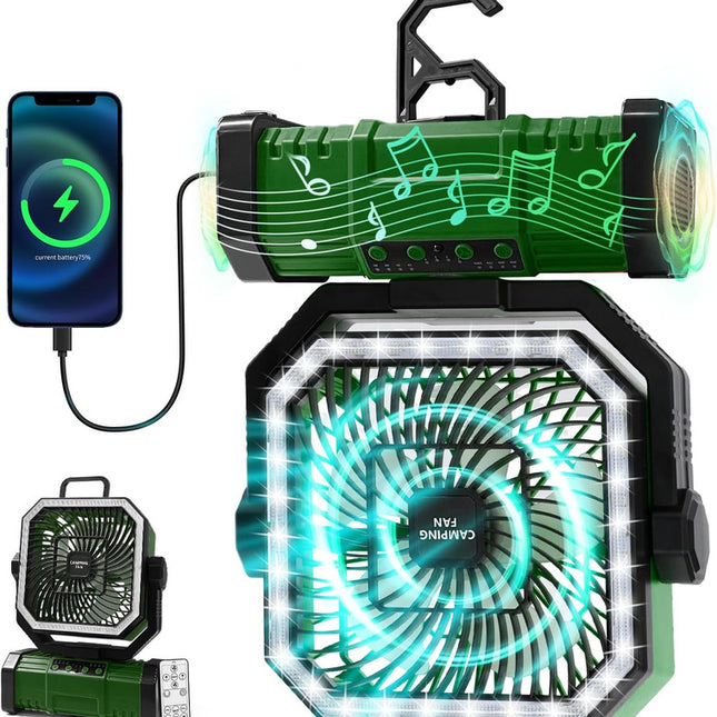 20000mAh Portable Camping Fan, Rechargeable Battery Operated Oscillating Camp Tent Fan W/Remote control, 4 Speeds, LED lights & 360° Rotation Hook for Outdoor RV Travel Green.