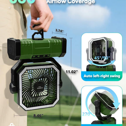 20000mAh Portable Camping Fan, Rechargeable Battery Operated Oscillating Camp Tent Fan W/Remote control, 4 Speeds, LED lights & 360° Rotation Hook for Outdoor RV Travel Green.