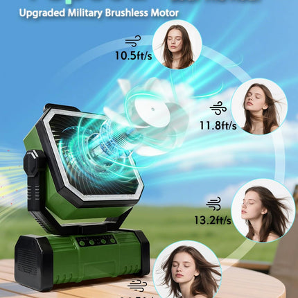 20000mAh Portable Camping Fan, Rechargeable Battery Operated Oscillating Camp Tent Fan W/Remote control, 4 Speeds, LED lights & 360° Rotation Hook for Outdoor RV Travel Green.