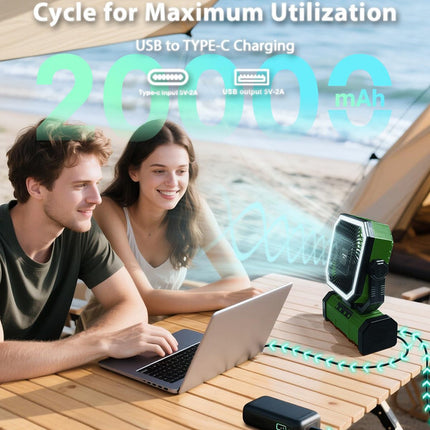 20000mAh Portable Camping Fan, Rechargeable Battery Operated Oscillating Camp Tent Fan W/Remote control, 4 Speeds, LED lights & 360° Rotation Hook for Outdoor RV Travel Green.