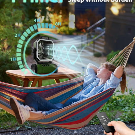 20000mAh Portable Camping Fan, Rechargeable Battery Operated Oscillating Camp Tent Fan W/Remote control, 4 Speeds, LED lights & 360° Rotation Hook for Outdoor RV Travel Green.