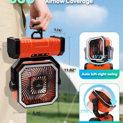 20000mAh Portable Camping Fan, Rechargeable Battery Operated Oscillating Camp Tent Fan W/Remote control, 4 Speeds, LED lights & 360° Rotation Hook for Outdoor RV Travel Orange.