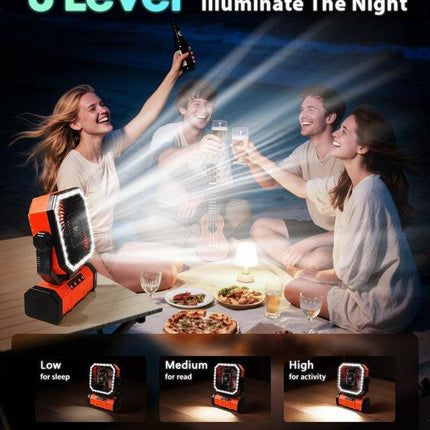 20000mAh Portable Camping Fan, Rechargeable Battery Operated Oscillating Camp Tent Fan W/Remote control, 4 Speeds, LED lights & 360° Rotation Hook for Outdoor RV Travel Orange.