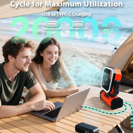20000mAh Portable Camping Fan, Rechargeable Battery Operated Oscillating Camp Tent Fan W/Remote control, 4 Speeds, LED lights & 360° Rotation Hook for Outdoor RV Travel Orange.
