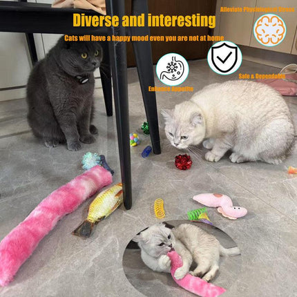 Pet Products Cat Toys,Interactive Kitten Toy for Indoor Kitty Exercise 14 Piece with Fish Catnip Spiral Spring, Tube, Crinkle Balls Helps Reduce Stress & Provide Anxiety Relief for Cats.