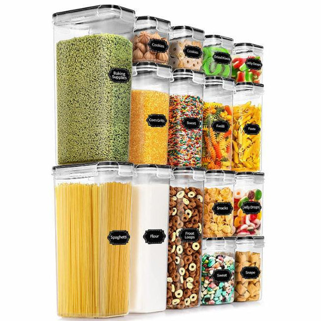 Airtight Food Storage Containers with Lids, 16 PCS Kitchen and Pantry Organization Canisters, BPA-Free, PVC-Free, Food-grade Plastic Leak-proof Jars for Cereal, Flour, Sugar, Extra 16 Labels & Marker.