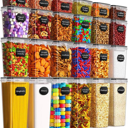 Airtight Food Storage Containers with Lids, 24 PCS Kitchen and Pantry Organization Canisters, BPA-Free, PVC-Free, Food-grade Plastic Leak-proof Jars for Cereal, Flour, Sugar, Extra 24 Labels & Marker.