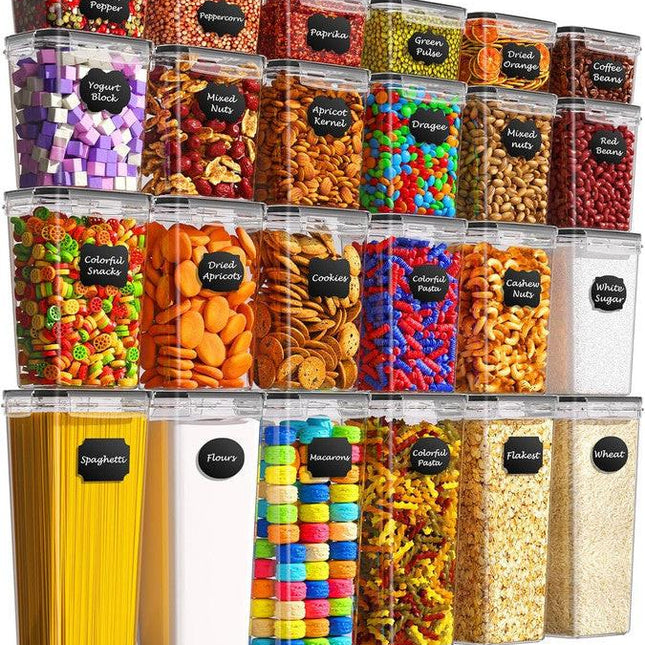 Airtight Food Storage Containers with Lids, 24 PCS Kitchen and Pantry Organization Canisters, BPA-Free, PVC-Free, Food-grade Plastic Leak-proof Jars for Cereal, Flour, Sugar, Extra 24 Labels & Marker.