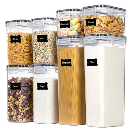 Airtight Food Storage Containers with Lids, 8 PCS Kitchen and Pantry Organization Canisters, BPA-Free, PVC-Free, Food-grade Plastic Leak-proof Jars for Cereal, Flour, Sugar, Extra 8 Labels & Marker.