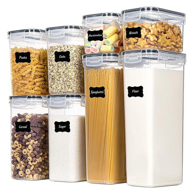 Airtight Food Storage Containers with Lids, 8 PCS Kitchen and Pantry Organization Canisters, BPA-Free, PVC-Free, Food-grade Plastic Leak-proof Jars for Cereal, Flour, Sugar, Extra 8 Labels & Marker.