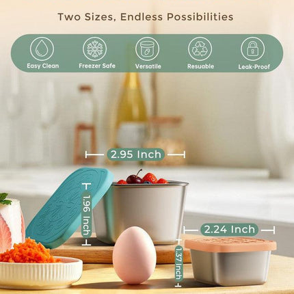 12Pack 6oz Stainless Steel Snack Containers and 2oz Salad Dressing To Go Containers with Silicone Lids, Reusable Square Meal Prep Condiment Sauce Containers Lunch Box.