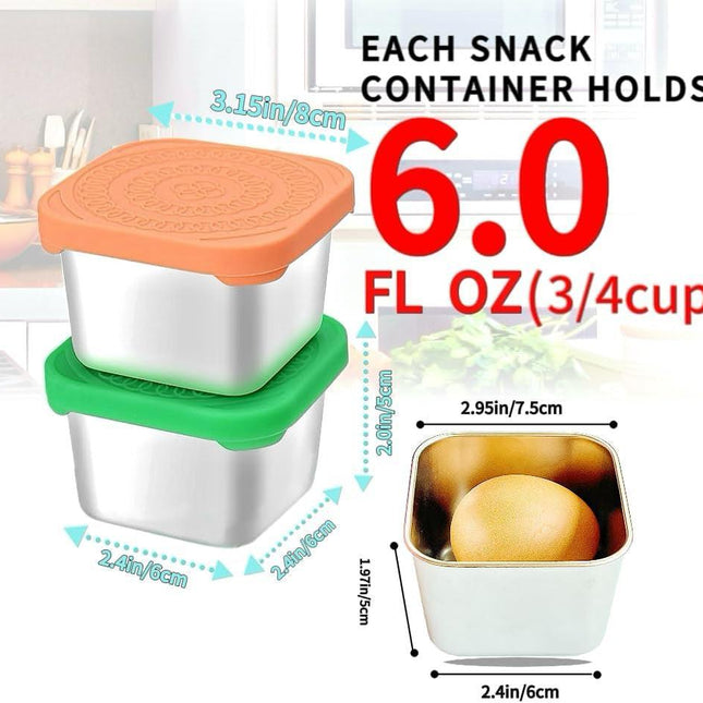 6Pack 6oz Stainless Steel Snack Containers and 2oz Salad Dressing To Go Containers with Silicone Lids, Reusable Square Meal Prep Condiment Sauce Containers Lunch Box.