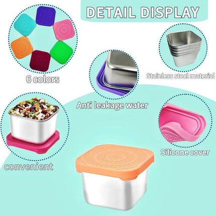 6Pack 6oz Stainless Steel Snack Containers and 2oz Salad Dressing To Go Containers with Silicone Lids, Reusable Square Meal Prep Condiment Sauce Containers Lunch Box.