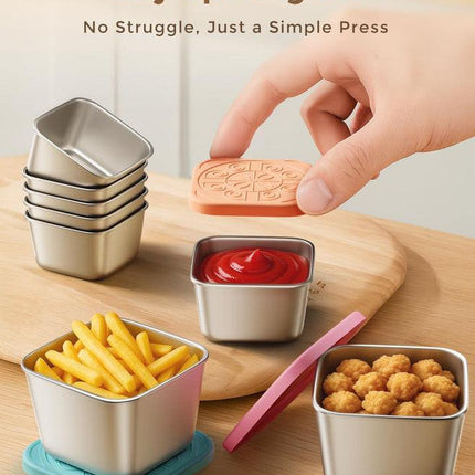 6Pack 6oz Stainless Steel Snack Containers and 2oz Salad Dressing To Go Containers with Silicone Lids, Reusable Square Meal Prep Condiment Sauce Containers Lunch Box.