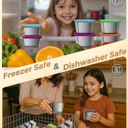 6Pack 6oz Stainless Steel Snack Containers and 2oz Salad Dressing To Go Containers with Silicone Lids, Reusable Square Meal Prep Condiment Sauce Containers Lunch Box.