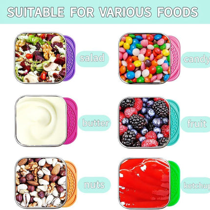 6Pack 6oz Stainless Steel Snack Containers and 2oz Salad Dressing To Go Containers with Silicone Lids, Reusable Square Meal Prep Condiment Sauce Containers Lunch Box.