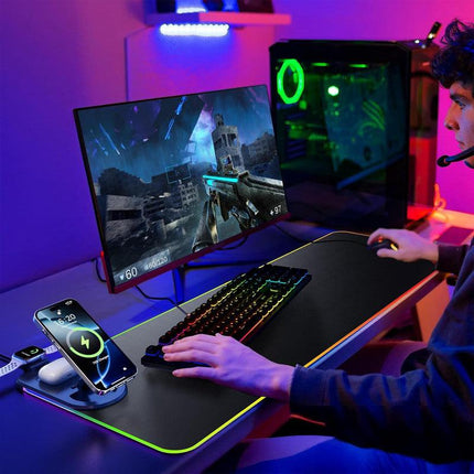 Wireless Charging Mouse Pad 15W RGB Gaming Mousepad Waterproof Desk Mat with Phone Holder 35.4''x11.8'' Extra Large Desk Pad Non-Slip Base Computer Keyboard Mat for PC Laptop, Blue.
