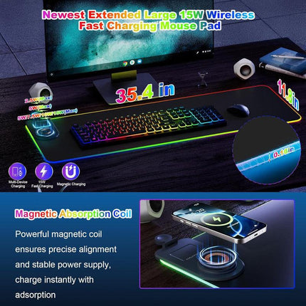 Wireless Charging Mouse Pad 15W RGB Gaming Mousepad Waterproof Desk Mat with Phone Holder 35.4''x11.8'' Extra Large Desk Pad Non-Slip Base Computer Keyboard Mat for PC Laptop, Blue.