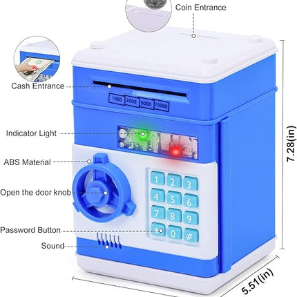 Toys for Kids Ages 5-7, 8-10, Electronic ATM Password Cash Coin Can Auto Scroll Paper Money Saving Box Toys for 6 7 8 9 10 11 12 Year Old Girl Christmas Birthday Gifts blue.