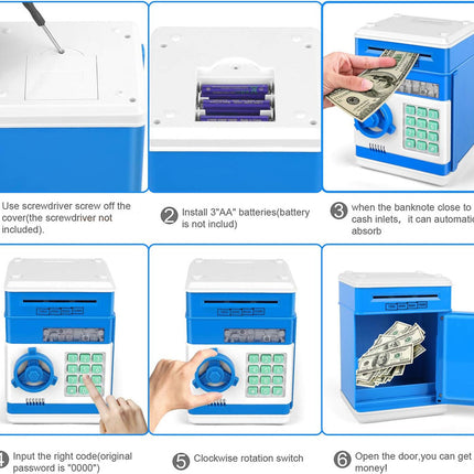 Toys for Kids Ages 5-7, 8-10, Electronic ATM Password Cash Coin Can Auto Scroll Paper Money Saving Box Toys for 6 7 8 9 10 11 12 Year Old Girl Christmas Birthday Gifts blue.