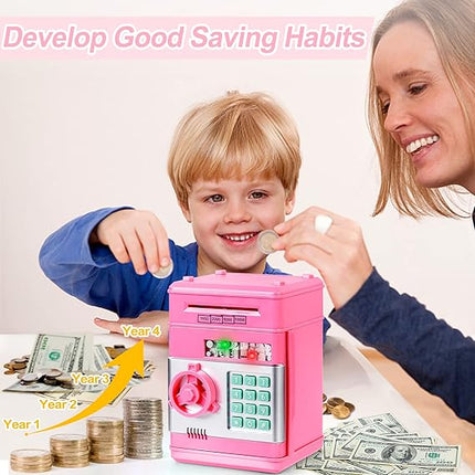 Toys for Kids Ages 5-7, 8-10, Electronic ATM Password Cash Coin Can Auto Scroll Paper Money Saving Box Toys for 6 7 8 9 10 11 12 Year Old Girl Christmas Birthday Gifts pink.