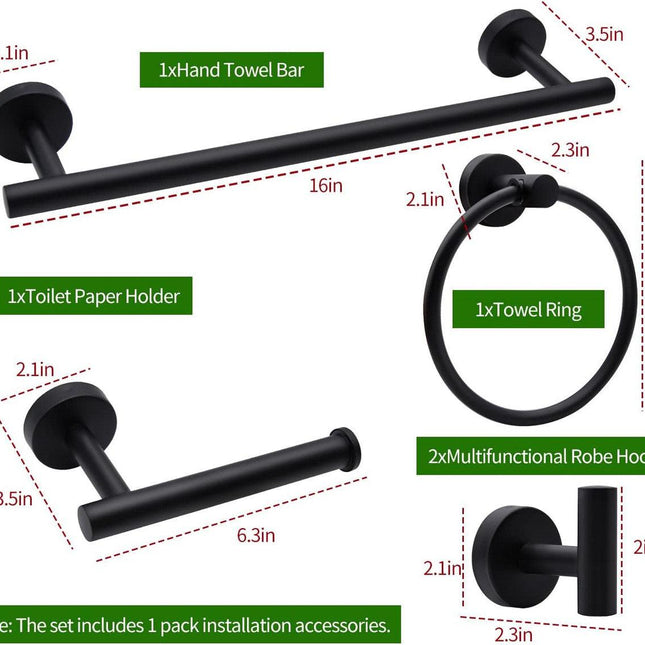 5pcs Bathroom Hardware Set, Matte Black Bathroom Hardware Set, Including 16" Hand Towel Bars, Toilet Paper Holders, Towel Rings, Robe Towel Hooks.
